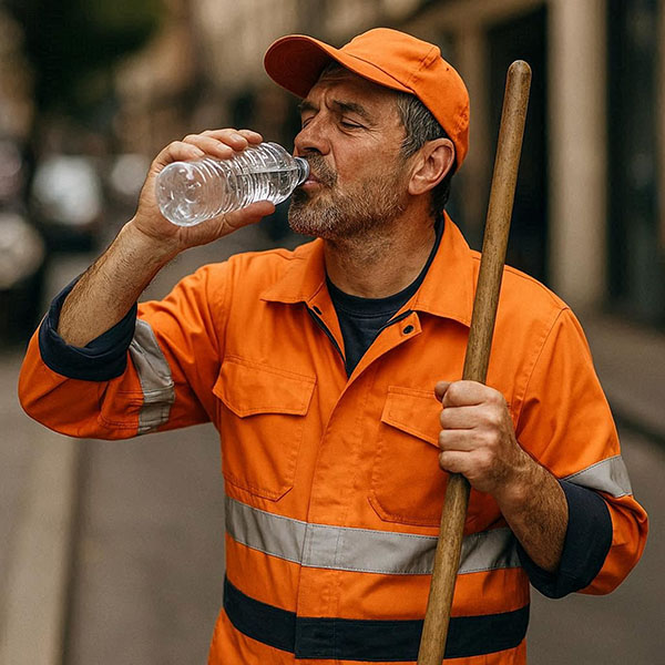 Mature man in orange uniform drinking water from a plastic bottle outdoors.